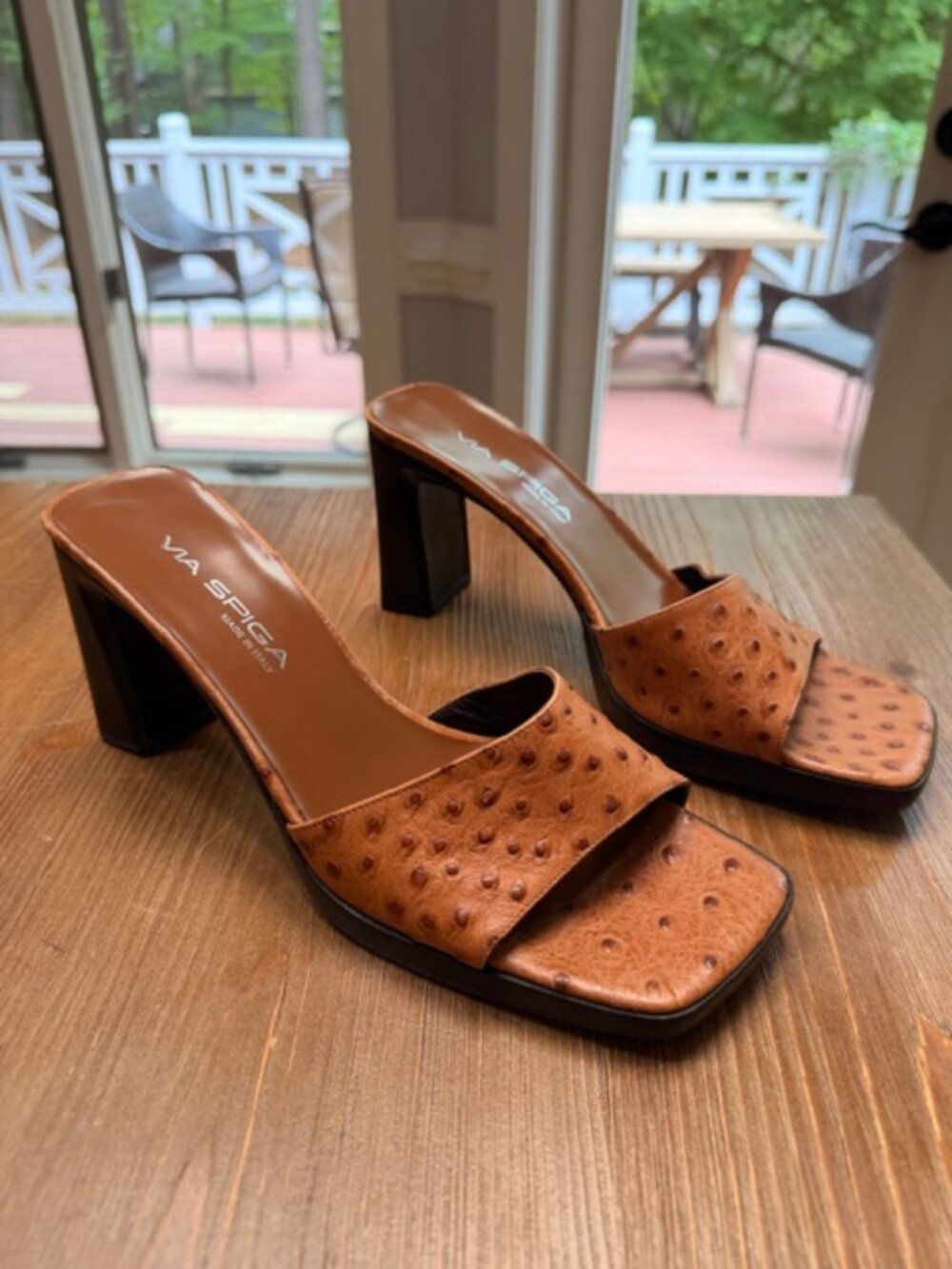 Vintage Via Spiga Italian Ostrich Leather Square Toe Heeled Slide Sandals